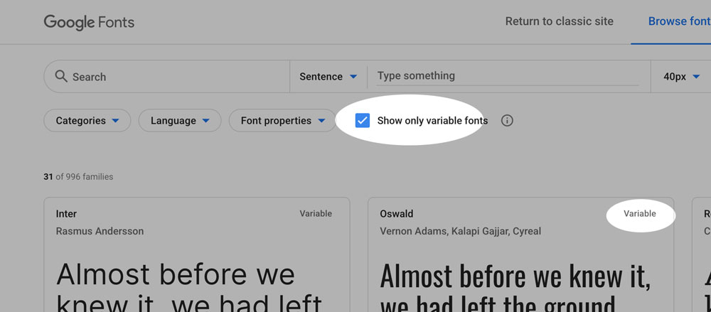 Google Fonts UI with checkbox to show only variable fonts